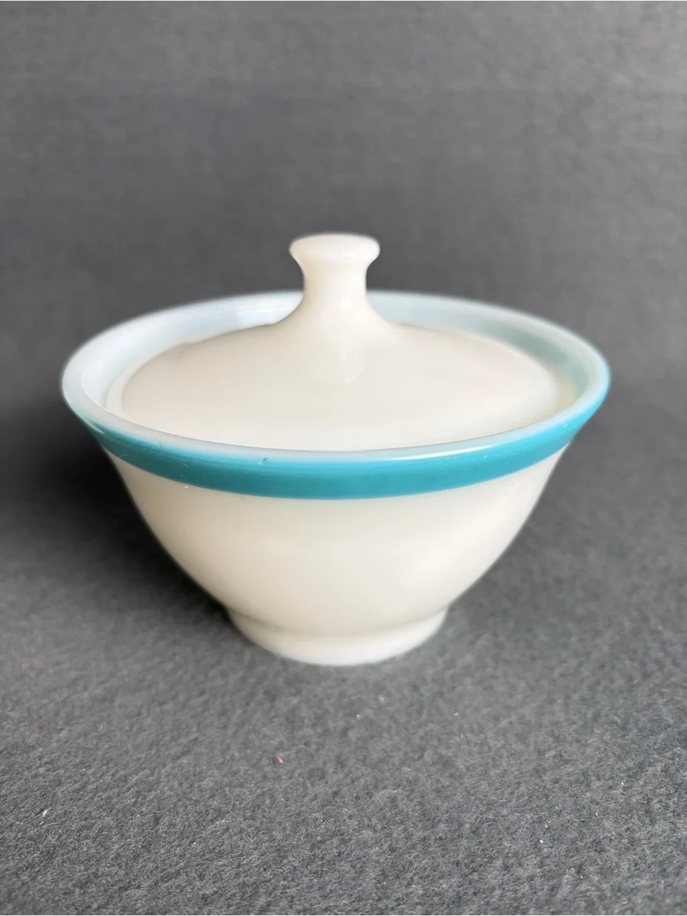 MCM Vintage 1950s Pyrex Turquoise Blue Rim Sugar Bowl W/ Lid and Creamer Set